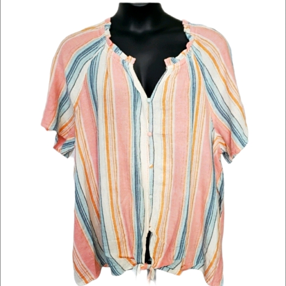 Lane Bryant Tops - Blue Salmon Button-Up Short-Sleeve Blouse Size 26